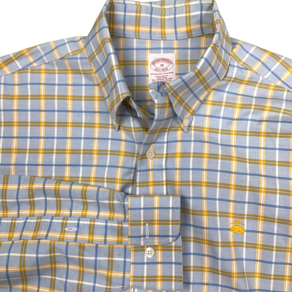 Brooks Brothers Shirt Mens Medium Blue Yellow Plaid Preppy Ivy League Cotton